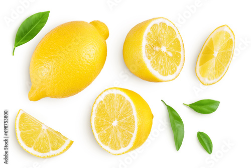 Ripe lemon with slices isolated on white background with full depth of field. Top view. Flat lay