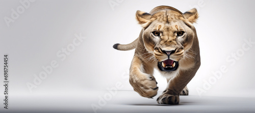 Löwin auf der Jagd vor hellgrauem Hintergrund photo