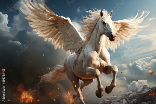 A white pegasus with luxurious spread wings in flight against a background of blue sky and white clouds. Concept  mythical animal