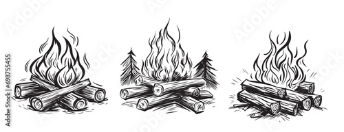 Bonfire set sketch drawn by hand in doodle style Vector Campfire