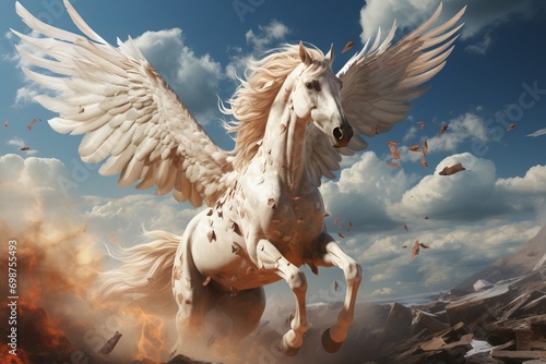 A white pegasus with luxurious spread wings in flight against a background of blue sky and white clouds. Concept: mythical animal