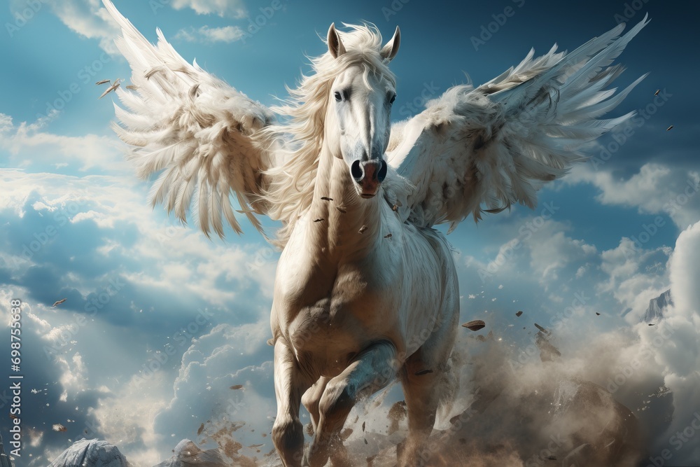 A white pegasus with luxurious spread wings in flight against a background of blue sky and white clouds. Concept: mythical animal A white pegasus with luxurious spread wings in flight against a background of blue sky and white clouds. Concept: mythical animal