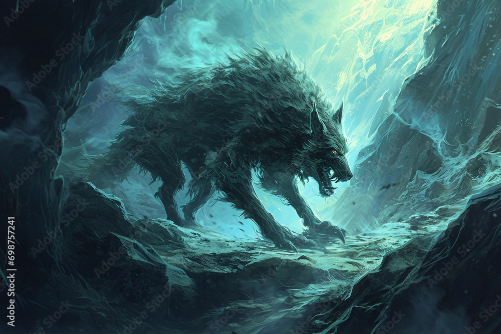 Fenrir's Awakening - A narrative unfolding the events leading to the awakening of the monstrous wolf Fenrir, foretelling Ragnarok, the end of the world - obrazy, fototapety, plakaty 