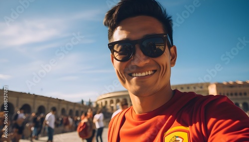 30 year old latin man taking a selfie in a plaza in Spain © Alejandro Morón