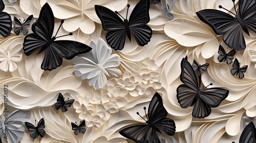 Seamless pattern of a 3D illustration featuring Black and white paper quilling Butterflies, a paper filigree Butterflies seamless pattern.