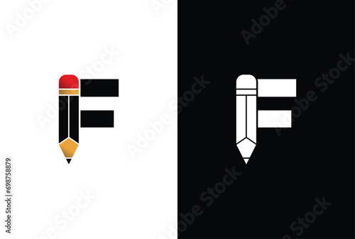 Letter F Pencil Logo Design. Letter F Pencil Vector Icon Graphic Illustration Background Template.