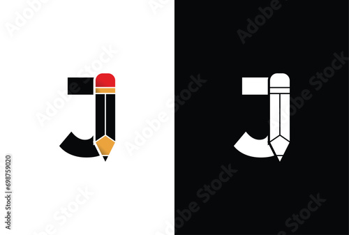 Letter J Pencil Logo Design. Letter J Pencil Vector Icon Graphic Illustration Background Template.