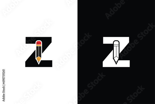 Letter Z Pencil Logo Design. Letter Z Pencil Vector Icon Graphic Illustration Background Template.