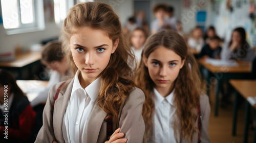 Portrait of beautiful girls. Woman in suit. Concept of a teamwork. Business and finance