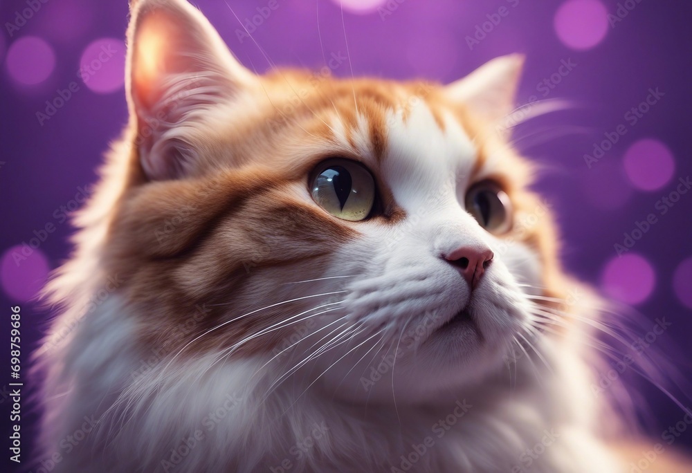 Cute banner with a cat looking up on solid purple background