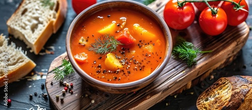 Tomatoes, potatoes, dill, and spices served on a wooden board with white soup noodles. photo