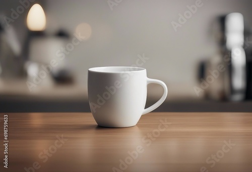 Empty ceramic coffee cup on wooden table in a kitchen