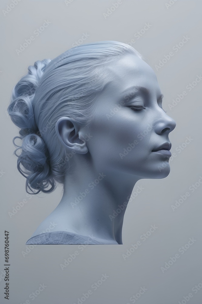 a sculpture of a woman's head in front of a blue wall.