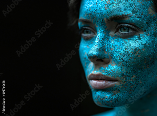 Fashion Concept. Closeup portrait of woman girl in blue turquoise smear paint foil cracked stain. illuminated with dynamic composition light. sensual, mysterious, advertisement, copy space