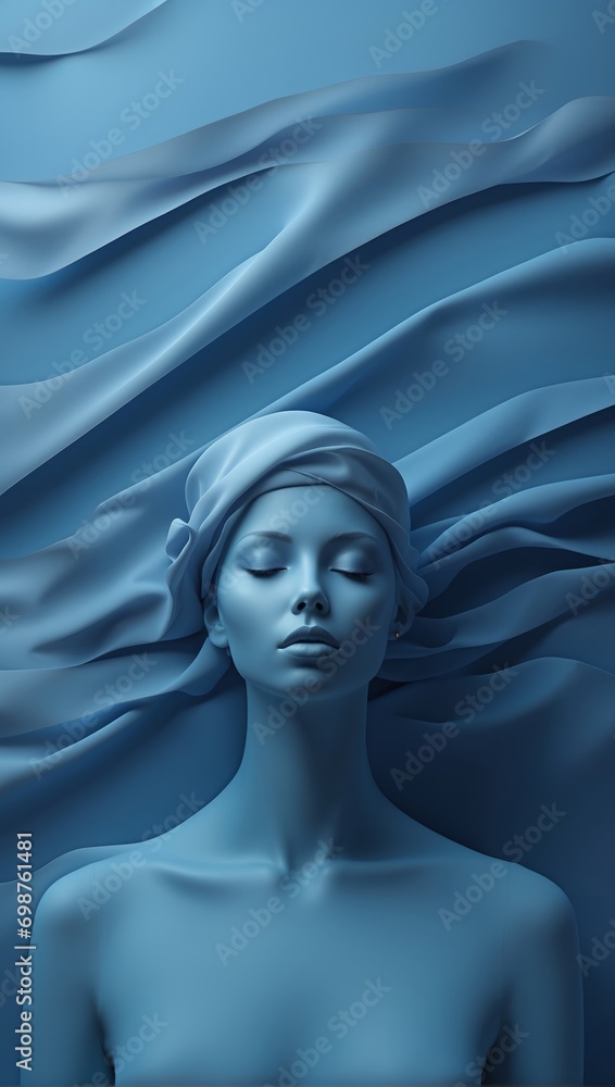 a sculpture of a woman's head in front of a blue wall. a sculpture of a woman's head in front of a blue wall.