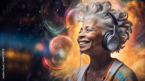 Senior Woman in Headphones Smiling, Enjoying Her Favourite Music, Audiobook, Video Call with Relatives, Familiar Experiences Even Better with Her New Modern Gadget, Embracing High Tech, Inclusiveness photo