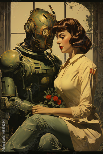 Decalcoo an alien and a robot in love vintage style 1950s