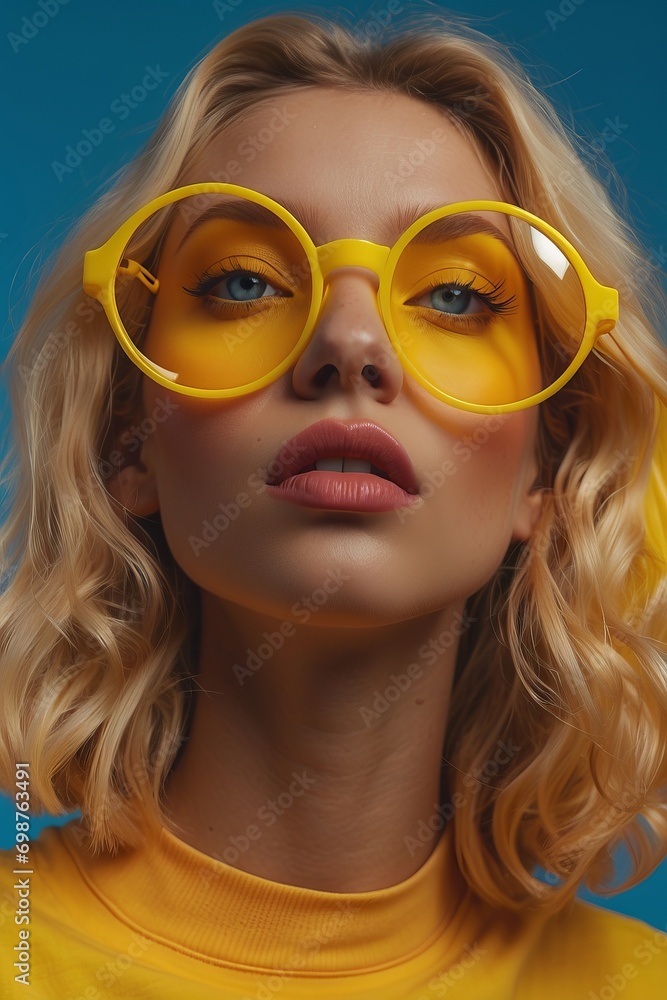 portrait of a fashion model with yellow glasses portrait of a fashion model with yellow glasses