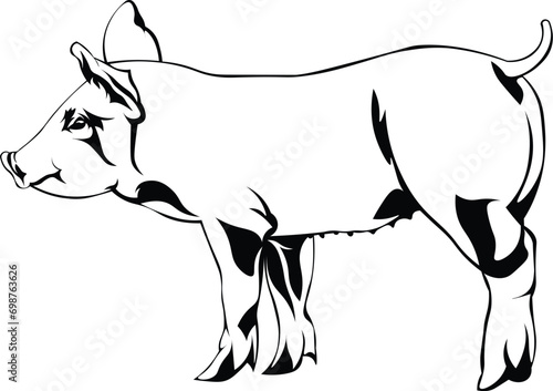 Cartoon Black and White Isolated Illustration Vector Of A Farm Pig Piglet Standing Up