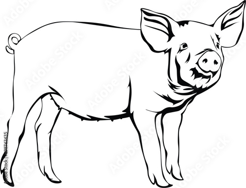 Cartoon Black and White Isolated Illustration Vector Of A Farm Pig Piglet Standing Up