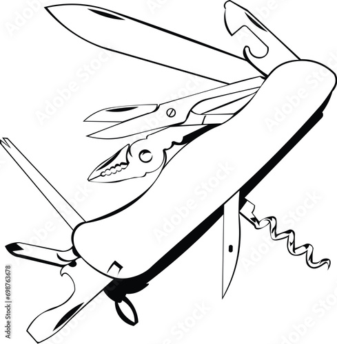 Cartoon Black and White Isolated Illustration Vector Of A Swiss Multifunctional Army Knife