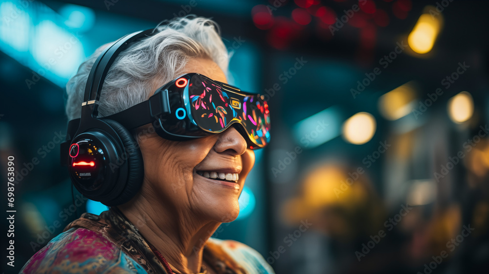 Senior Woman Enjoying Immersive Internet Experience, Futuristic Virtual Reality Goggles, Empowerment, Infinite Possibilities, Digital Physical Augmented,  Entertainment, Retirement, Future  