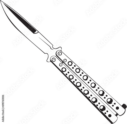 Cartoon Black and White Isolated Illustration Vector Of A Flick Butterfly Knife