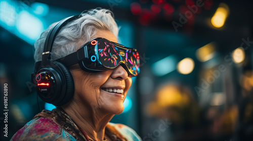 Senior Woman Enjoying Immersive Internet Experience, Futuristic Virtual Reality Goggles, Empowerment, Infinite Possibilities, Digital Physical Augmented, Entertainment, Retirement, Future 
