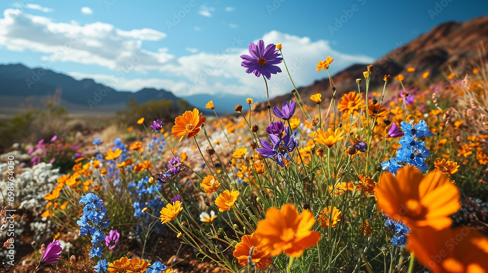 Desert Wildflower Bloom:  A burst of colorful wildflowers against the backdrop of sandy terrain, bringing unexpected beauty to the arid desert landscape