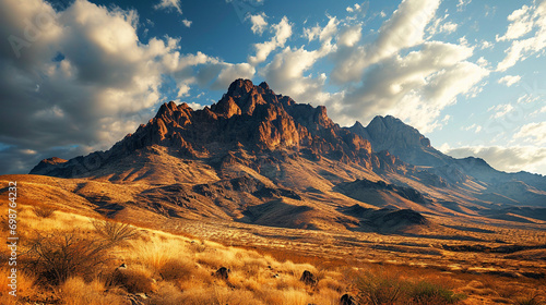 Desert Mountain Majesty: Majestic mountain peaks rising from the desert floor, creating a stunning juxtaposition of rugged terrain and vast open space