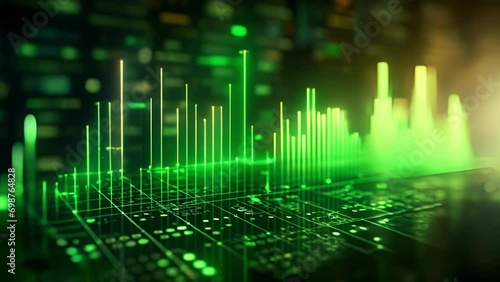 Digital Growth: Green Data Analysis Audio Equalizer Bars Rising in Virtual Space, Looping