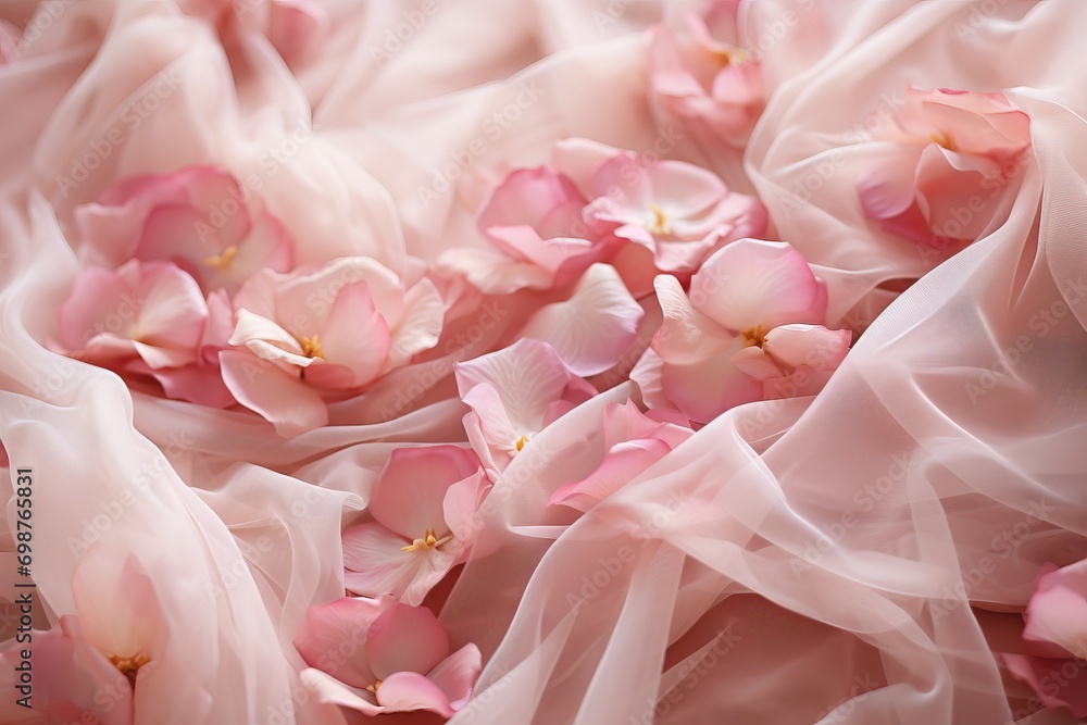 Fototapeta premium Rose petals on a gauze veil