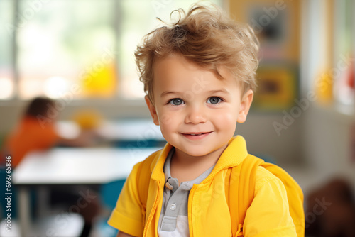 Portait of little boy in kindergarten nursery school. Kids playing with educational toys. Early education. Montessori learning tools for children. Generative AI