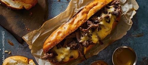 Top view of a Philadelphia cheese steak sandwich on parchment paper, on a table.