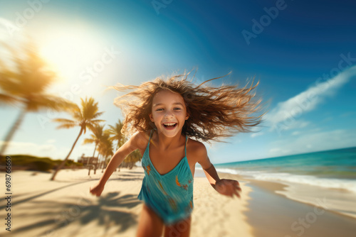 Happy girl in mid-run on a sunny beach, her hair wild with the wind.