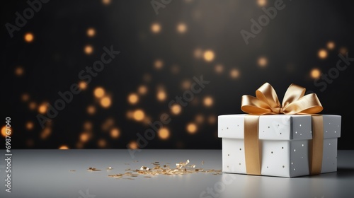 Luxury white gift boxe with gold ribbon in black background and, minimal gift box, birthday, happy, Mother's Day, Father's Day, black friday, white package, golden lights, blurred bokeh photo