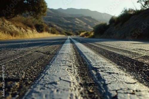 Close-Up View of Road Surface with Distant Mountains