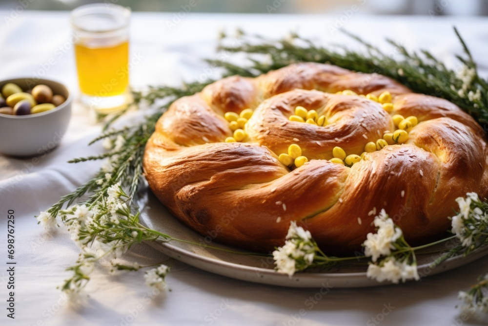 Close-up shot of Tsoureki, Traditional Greek Easter bread, beautifully presented on a table adorned with olive branches and spring flowers Close-up shot of Tsoureki, Traditional Greek Easter bread, beautifully presented on a table adorned with olive branches and spring flowers