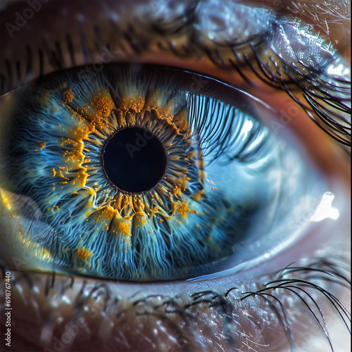 Detailed macro of a blue female eye looking at the camera .