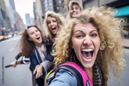 Squad Selfie Session: A group of friends, including a woman, joyfully captures the moment, taking a selfie on a bustling street, radiating friendship and urban vibrancy
