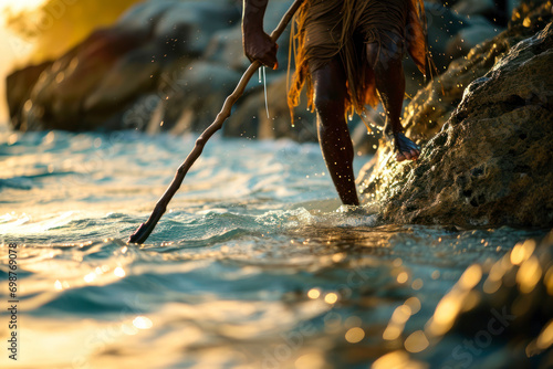 Coastal tribal fishing, a primitive coastal society engaged in traditional fishing practices, showcasing the connection between early human communities and their natural environment.