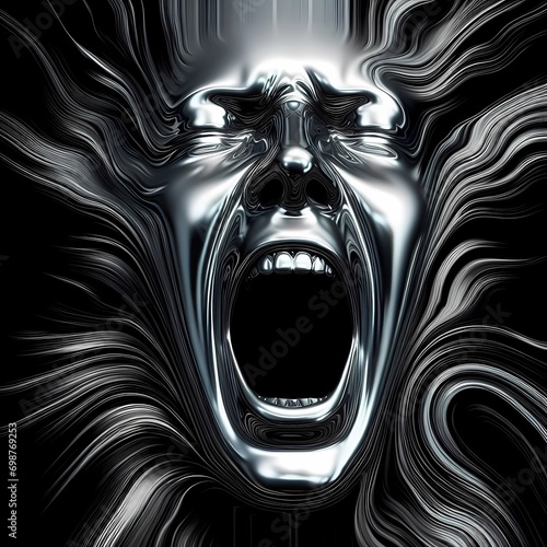 Metal  chrome humanoid cyborg portrait screaming