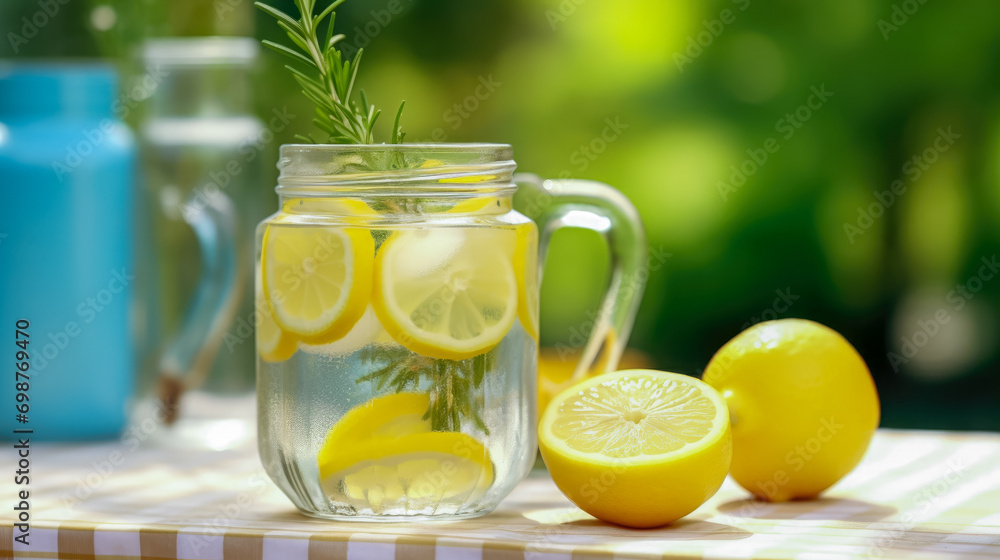 Lemonade with lemon and rosemary on wooden table in garden Lemonade with lemon and rosemary on wooden table in garden