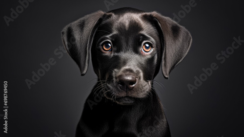 Studio portrait of a cute black labrador retriever puppy on a black background. © Formoney