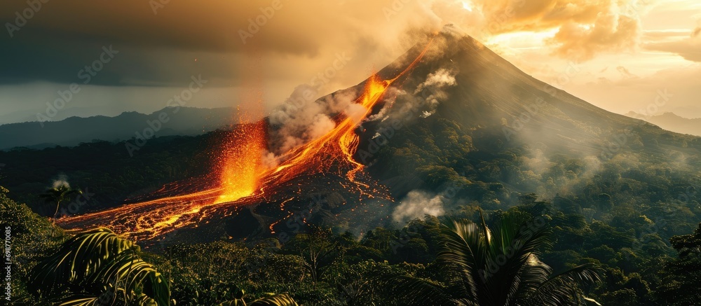 Volcanic eruption in Costa Rica, surrounded by rainforest. Stock Photo ...