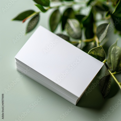 White empty blank mockup business card isolated on beautiful background with plants