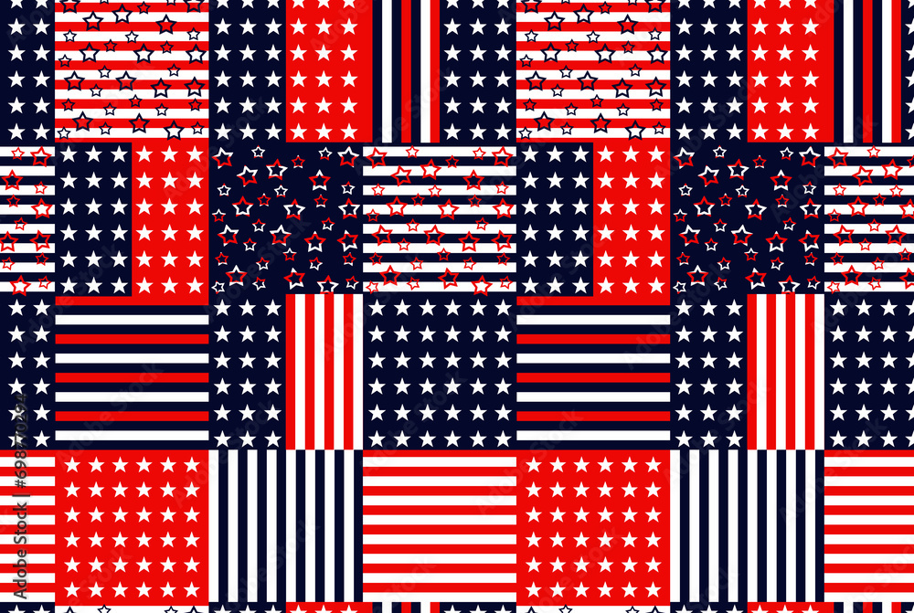 Patriotic Patchwork Red White and Blue Seamless Pattern