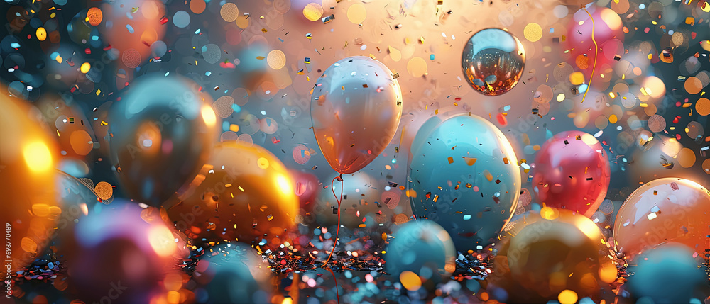 conjunto de globos de colores en el aire  con purpurina y brillantina sobre fondo desenfocado en tonos azules y dorados. concepto celebraciones, cumpleaños, aniversarios, fin de año, navidad - obrazy, fototapety, plakaty 
