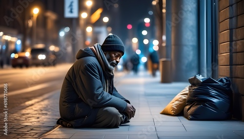 Black man kneeling on street sidewalk, begging for money, racialized homeless  man. photo