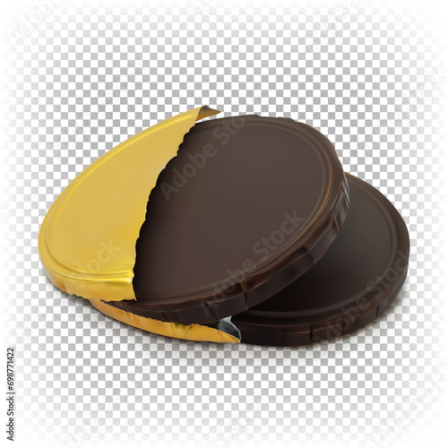 Two round flat chocolate coins isolated on a white transparent background. Vector 3D realistic illustration.